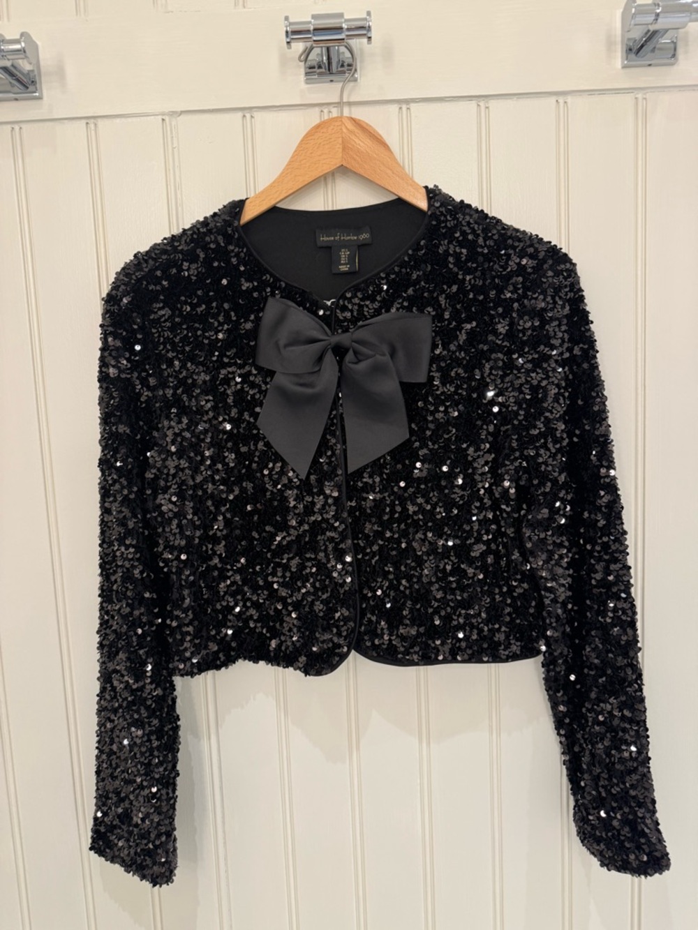 House of Harlow 1960 Black Sequin Bow Cropped Blazer Small - Picture 2 of 6